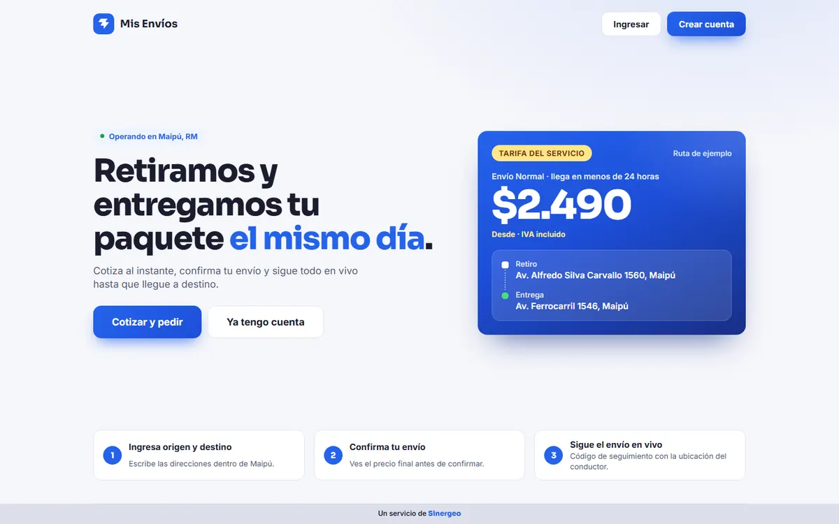 Página de inicio de Mis Envíos: cotiza y pide un envío en Maipú